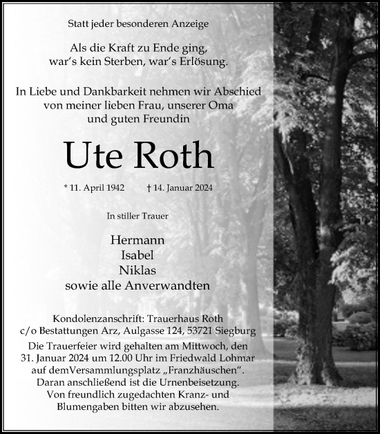 Anzeige von Ute Roth von Kölner Stadt-Anzeiger / Kölnische Rundschau / Express