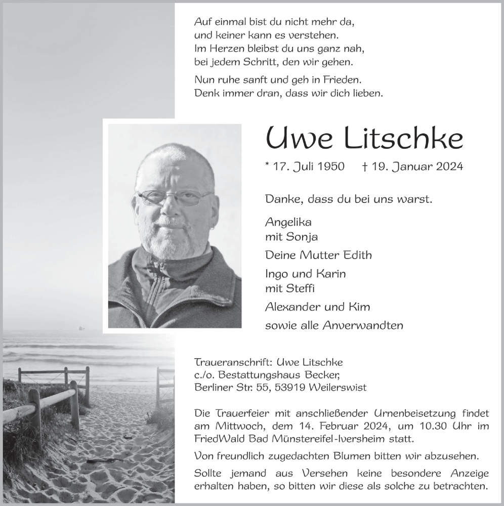  Traueranzeige für Uwe Litschke vom 27.01.2024 aus  Blickpunkt Euskirchen 
