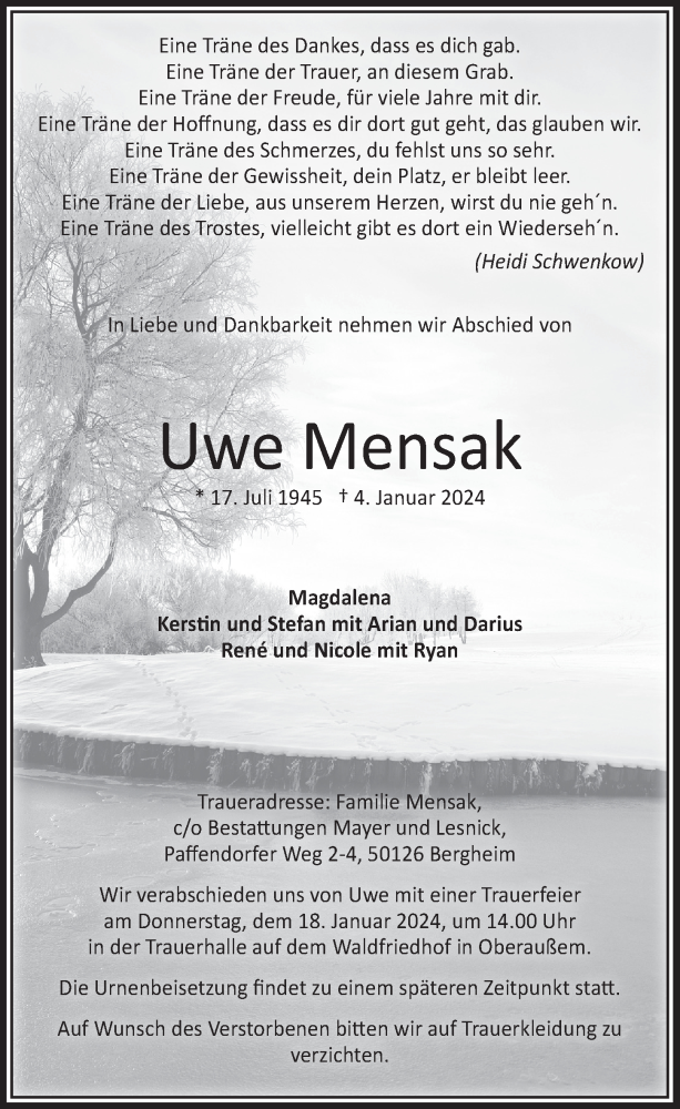  Traueranzeige für Uwe Mensak vom 12.01.2024 aus  Werbepost 