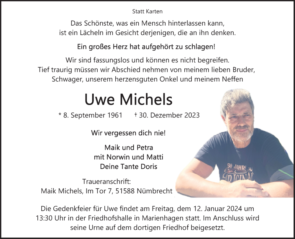  Traueranzeige für Uwe Michels vom 06.01.2024 aus Kölner Stadt-Anzeiger / Kölnische Rundschau / Express