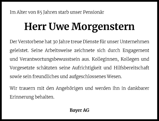 Anzeige von Uwe Morgenstern von Kölner Stadt-Anzeiger / Kölnische Rundschau / Express