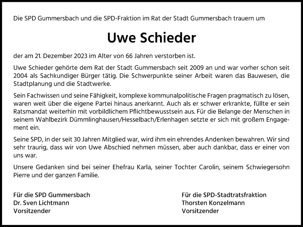  Traueranzeige für Uwe Schieder vom 06.01.2024 aus Kölner Stadt-Anzeiger / Kölnische Rundschau / Express