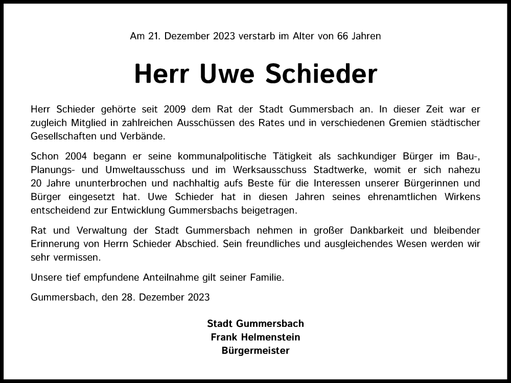  Traueranzeige für Uwe Schieder vom 06.01.2024 aus Kölner Stadt-Anzeiger / Kölnische Rundschau / Express
