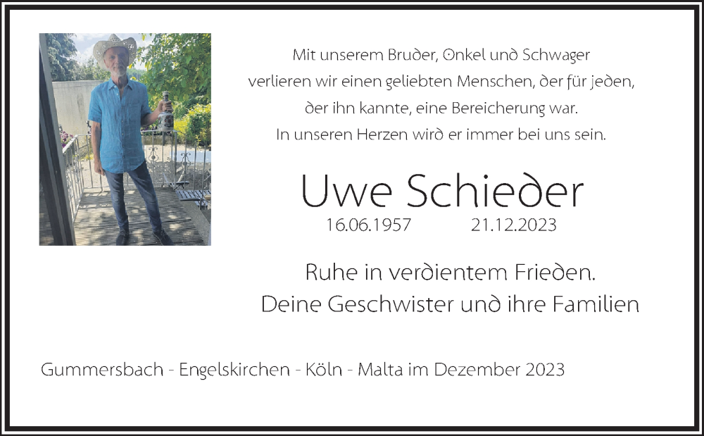  Traueranzeige für Uwe Schieder vom 03.01.2024 aus Kölner Stadt-Anzeiger / Kölnische Rundschau / Express