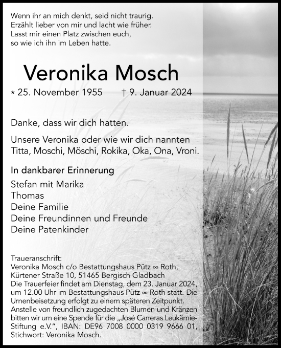 Anzeige von Veronika Mosch von Kölner Stadt-Anzeiger / Kölnische Rundschau / Express