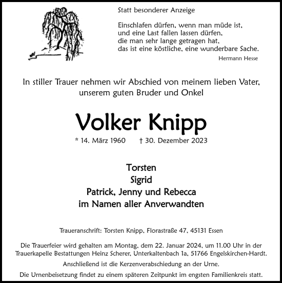 Anzeige von Volker Knipp von  Anzeigen Echo 