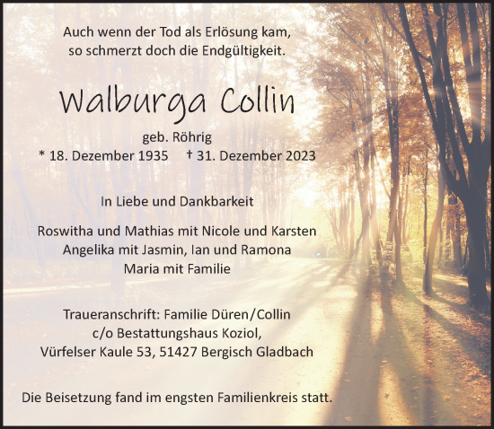 Anzeige von Walburga Collin von  Bergisches Handelsblatt 