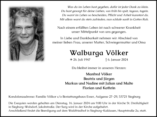 Anzeige von Walburga Völker von Kölner Stadt-Anzeiger / Kölnische Rundschau / Express