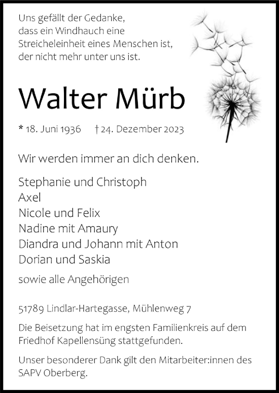 Anzeige von Walter Mürb von  Anzeigen Echo 