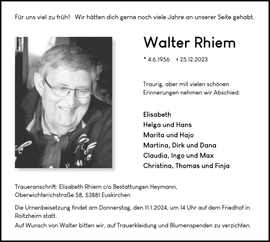 Anzeige von Walter Rhiem von  Blickpunkt Euskirchen 