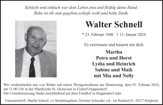 Anzeige von Walter Schnell von  Werbepost 