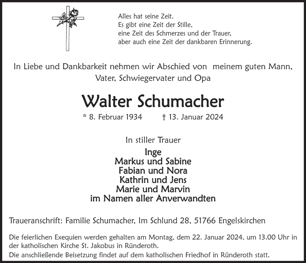  Traueranzeige für Walter Schumacher vom 19.01.2024 aus  Anzeigen Echo 
