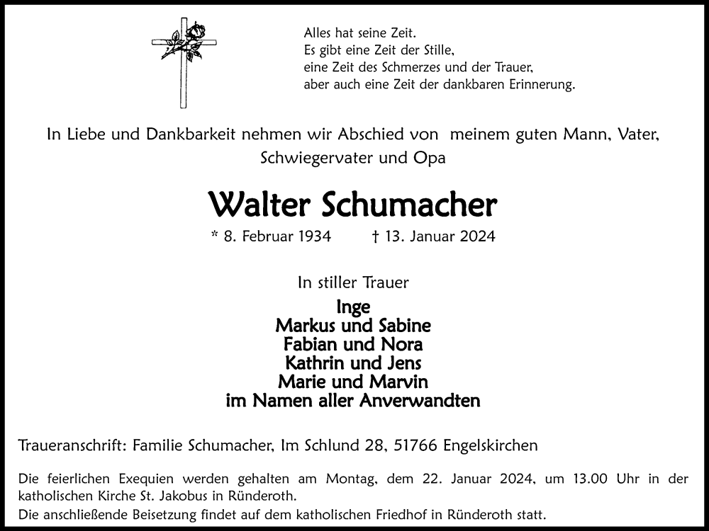  Traueranzeige für Walter Schumacher vom 20.01.2024 aus Kölner Stadt-Anzeiger / Kölnische Rundschau / Express