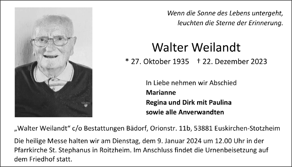  Traueranzeige für Walter Weilandt vom 06.01.2024 aus  Blickpunkt Euskirchen 