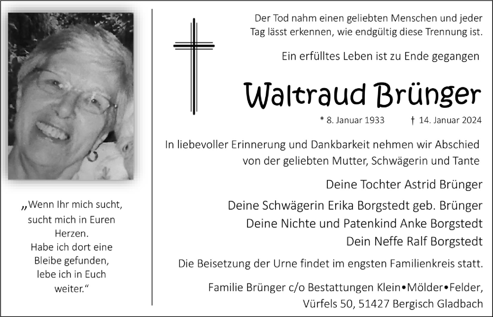  Traueranzeige für Waltraud Brünger vom 26.01.2024 aus  Bergisches Handelsblatt 