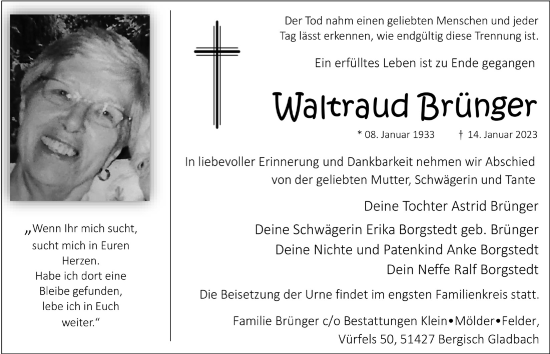 Anzeige von Waltraud Brünger von  Bergisches Handelsblatt 