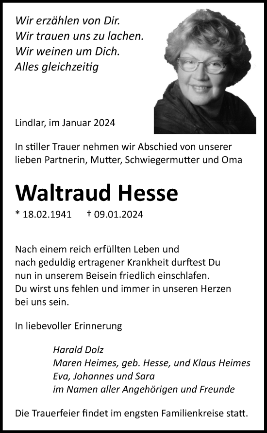 Anzeige von Waltraud Hesse von Kölner Stadt-Anzeiger / Kölnische Rundschau / Express