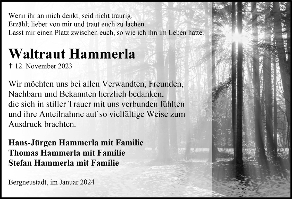  Traueranzeige für Waltraut Hammerla vom 12.01.2024 aus  Anzeigen Echo 