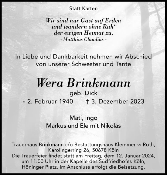 Anzeige von Wera Brinkmann von Kölner Stadt-Anzeiger / Kölnische Rundschau / Express