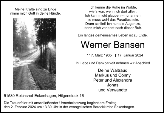 Anzeige von Werner Bansen von Kölner Stadt-Anzeiger / Kölnische Rundschau / Express