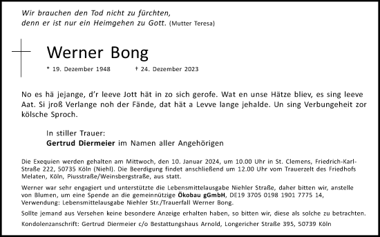 Anzeige von Werner Bong von Kölner Stadt-Anzeiger / Kölnische Rundschau / Express