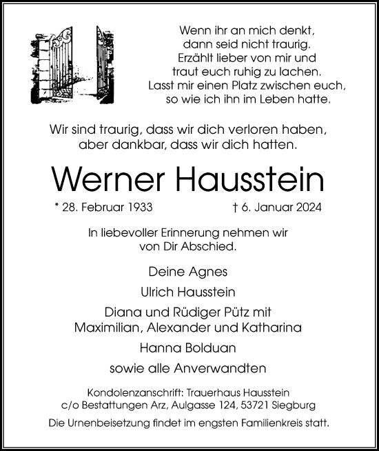 Anzeige von Werner Hausstein von Kölner Stadt-Anzeiger / Kölnische Rundschau / Express