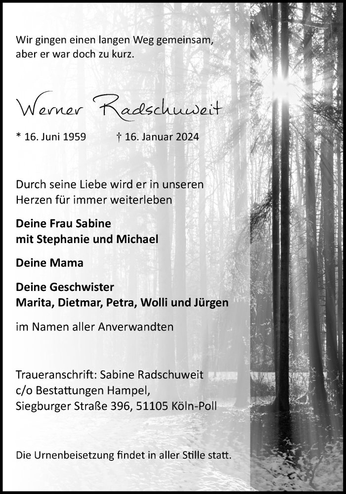  Traueranzeige für Werner Radschuweit vom 27.01.2024 aus Kölner Stadt-Anzeiger / Kölnische Rundschau / Express