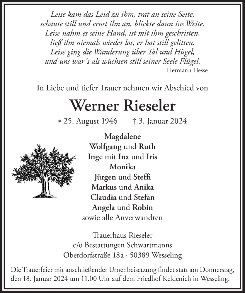  Traueranzeige für Werner Rieseler vom 12.01.2024 aus  Schlossbote/Werbekurier 