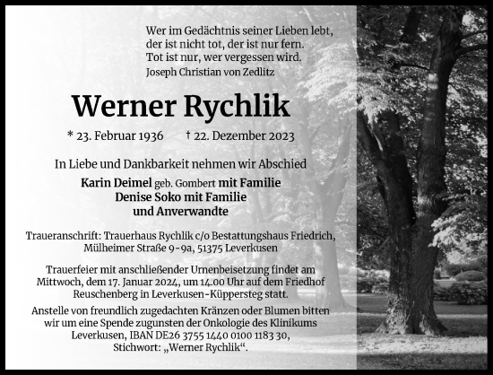 Anzeige von Werner Rychlik von Kölner Stadt-Anzeiger / Kölnische Rundschau / Express