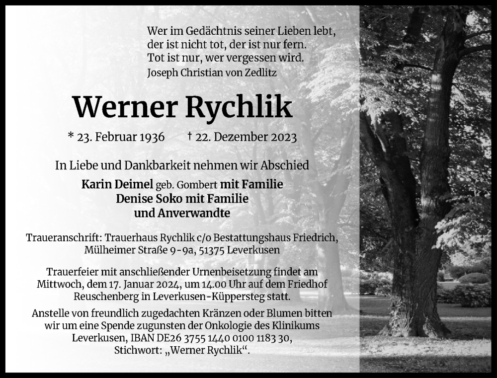  Traueranzeige für Werner Rychlik vom 13.01.2024 aus Kölner Stadt-Anzeiger / Kölnische Rundschau / Express