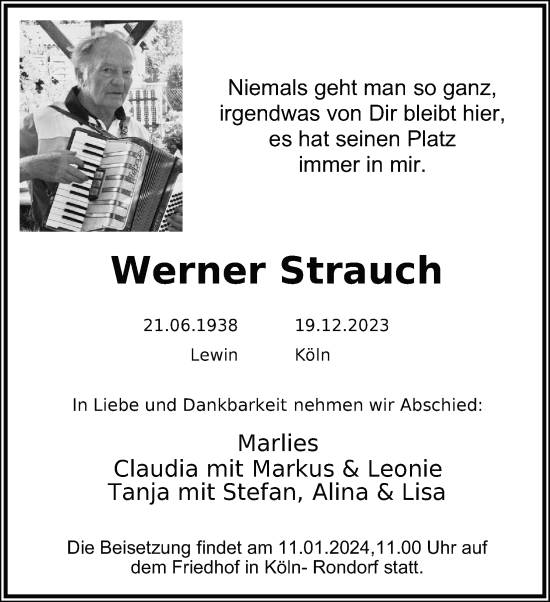 Anzeige von Werner Strauch von Kölner Stadt-Anzeiger / Kölnische Rundschau / Express