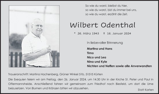Anzeige von Wilbert Odenthal von Kölner Stadt-Anzeiger / Kölnische Rundschau / Express