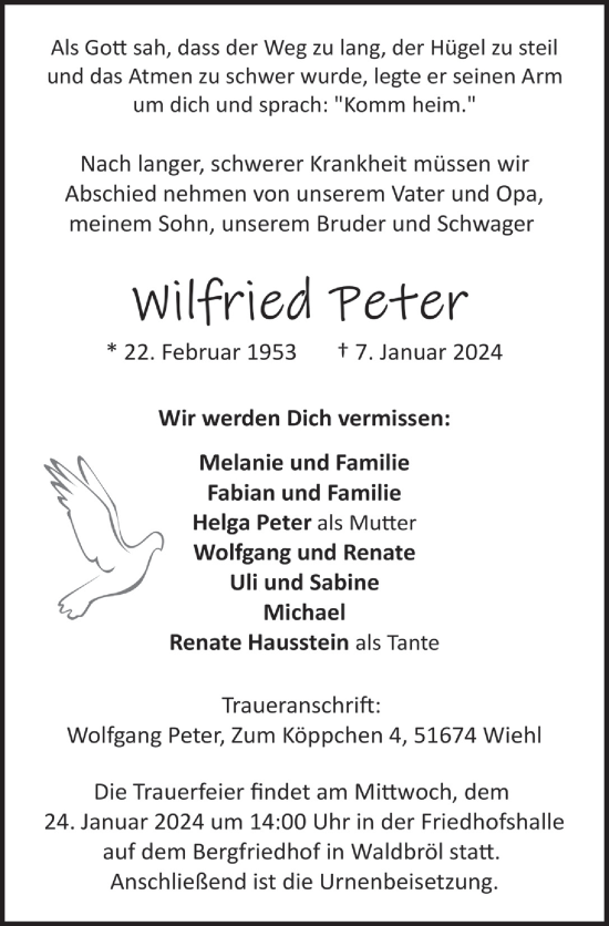 Anzeige von Wilfried Peter von  Lokalanzeiger 