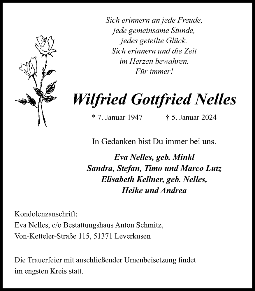  Traueranzeige für Wilfried Gottfried Nelles vom 20.01.2024 aus Kölner Stadt-Anzeiger / Kölnische Rundschau / Express