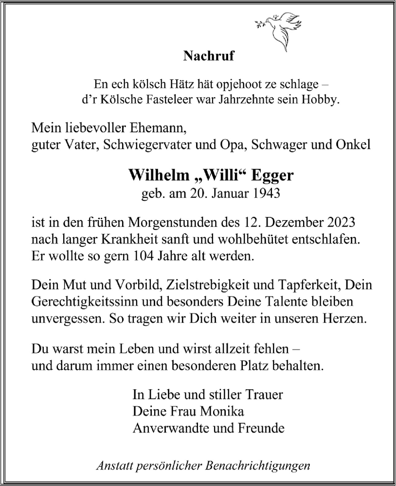  Traueranzeige für Wilhelm Egger vom 06.01.2024 aus Kölner Stadt-Anzeiger / Kölnische Rundschau / Express