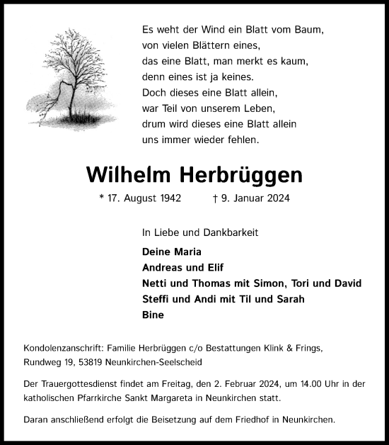 Anzeige von Wilhelm Herbrüggen von Kölner Stadt-Anzeiger / Kölnische Rundschau / Express