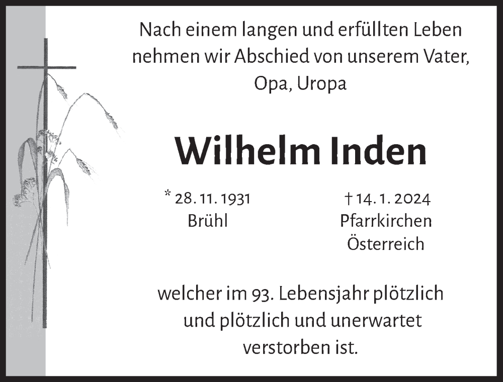  Traueranzeige für Wilhelm Inden vom 26.01.2024 aus  Schlossbote/Werbekurier 