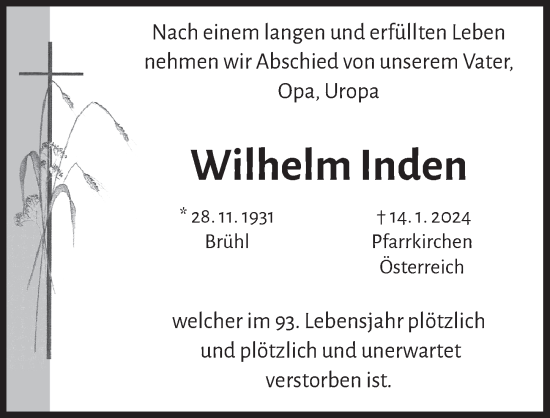 Anzeige von Wilhelm Inden von  Schlossbote/Werbekurier 