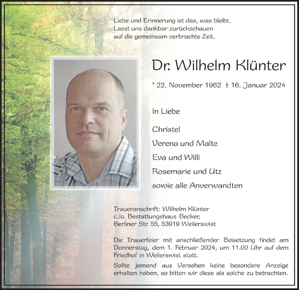  Traueranzeige für Wilhelm Klünter vom 27.01.2024 aus  Blickpunkt Euskirchen 