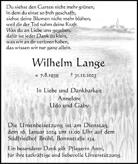 Anzeige von Wilhelm Lange von  Schlossbote/Werbekurier 