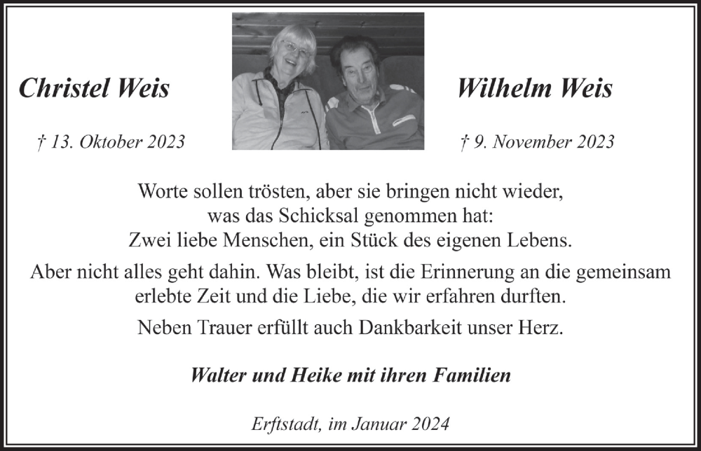  Traueranzeige für Wilhelm Weis vom 19.01.2024 aus  Werbepost 