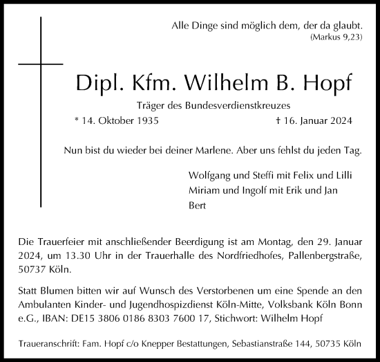 Anzeige von Wilhelm B. Hopf von Kölner Stadt-Anzeiger / Kölnische Rundschau / Express
