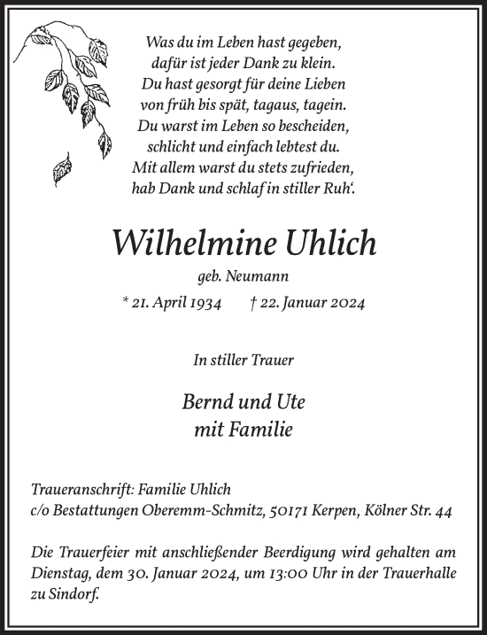 Anzeige von Wilhelmine Uhlich von  Werbepost 