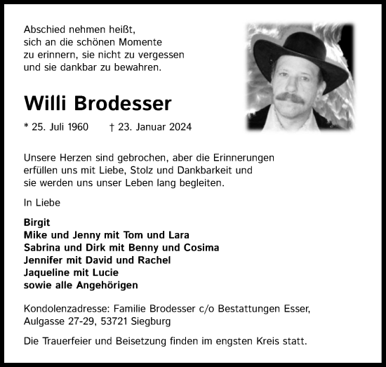Anzeige von Willi Brodesser von Kölner Stadt-Anzeiger / Kölnische Rundschau / Express