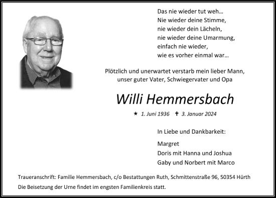 Anzeige von Willi Hemmersbach von  Wochenende 