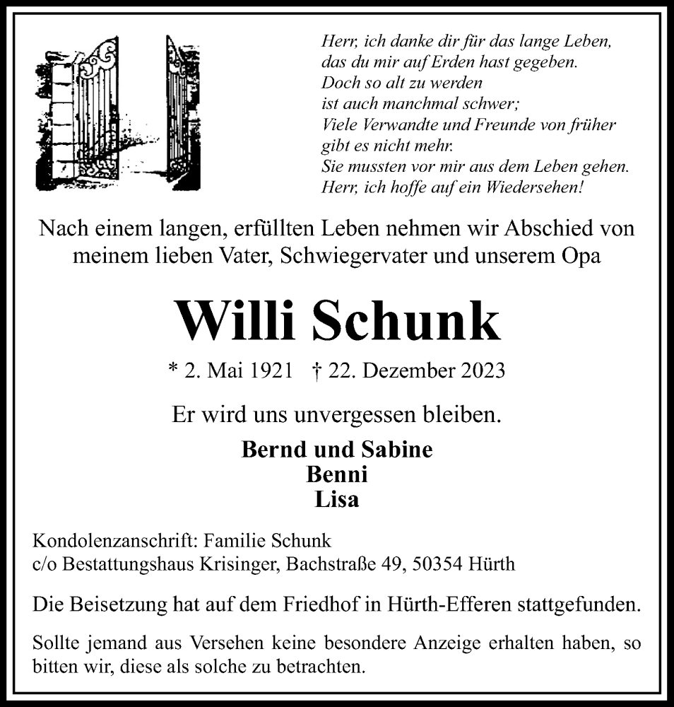  Traueranzeige für Willi Schunk vom 13.01.2024 aus Kölner Stadt-Anzeiger / Kölnische Rundschau / Express
