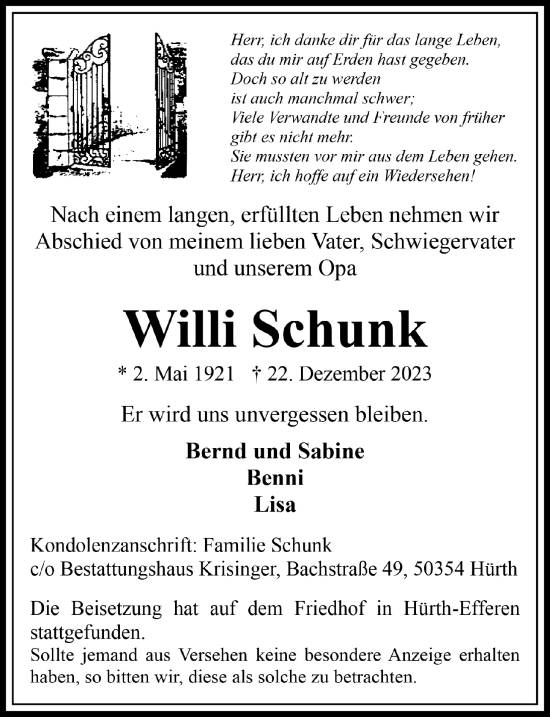 Anzeige von Willi Schunk von  Wochenende 