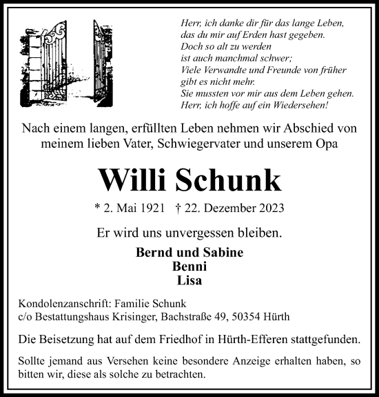 Anzeige von Willi Schunk von Kölner Stadt-Anzeiger / Kölnische Rundschau / Express