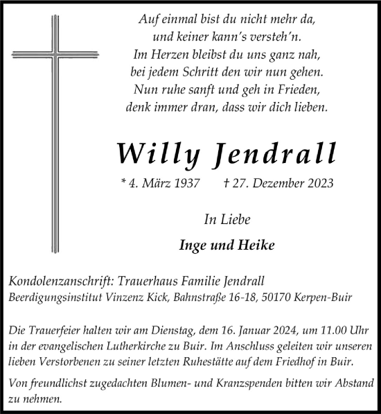 Anzeige von Willy Jendrall von  Werbepost 