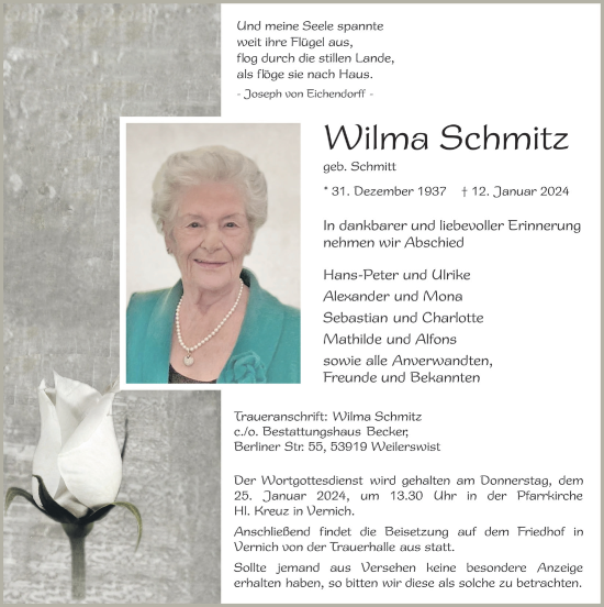 Anzeige von Wilma Schmitz von  Blickpunkt Euskirchen 